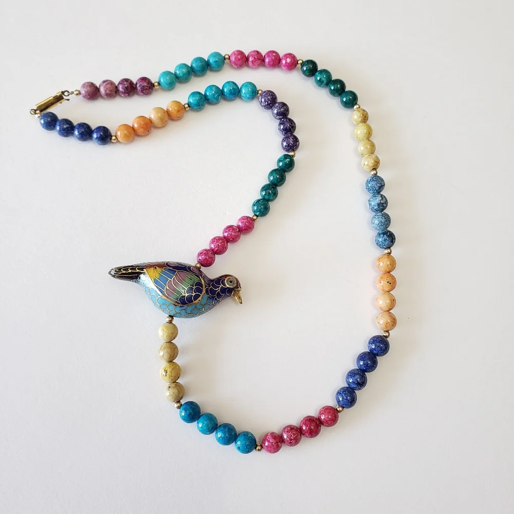 Vintage 1960's Gold Tone clasp, Multi Bead, Cloisonne Bird Necklace, - Picture 6 of 11
